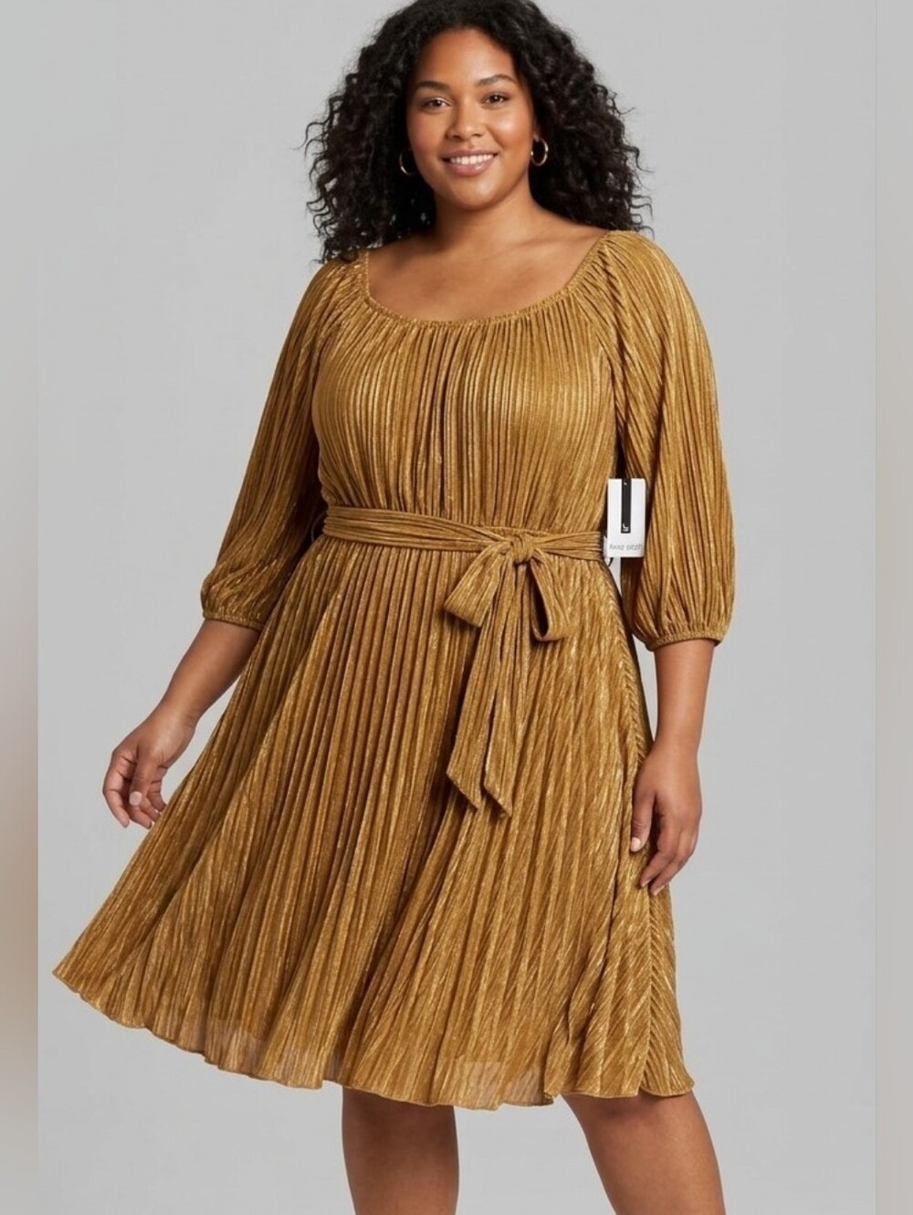 Nine West Shimmering Golden Brown Pleated Fit & Flare Dress NWT Size 14